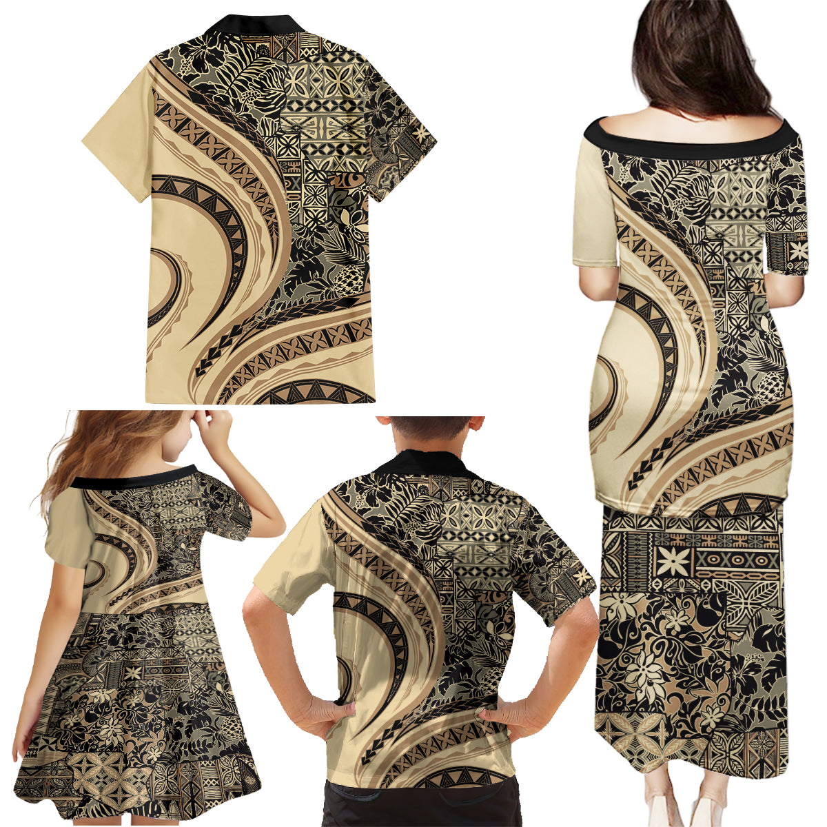 Hawaiian Hibiscus Tribal Vintage Motif Family Matching Puletasi and Hawaiian Shirt Ver 2 LT9 - Polynesian Pride