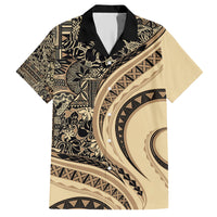 Hawaiian Hibiscus Tribal Vintage Motif Family Matching Short Sleeve Bodycon Dress and Hawaiian Shirt Ver 2 LT9 Dad's Shirt - Short Sleeve Beige - Polynesian Pride