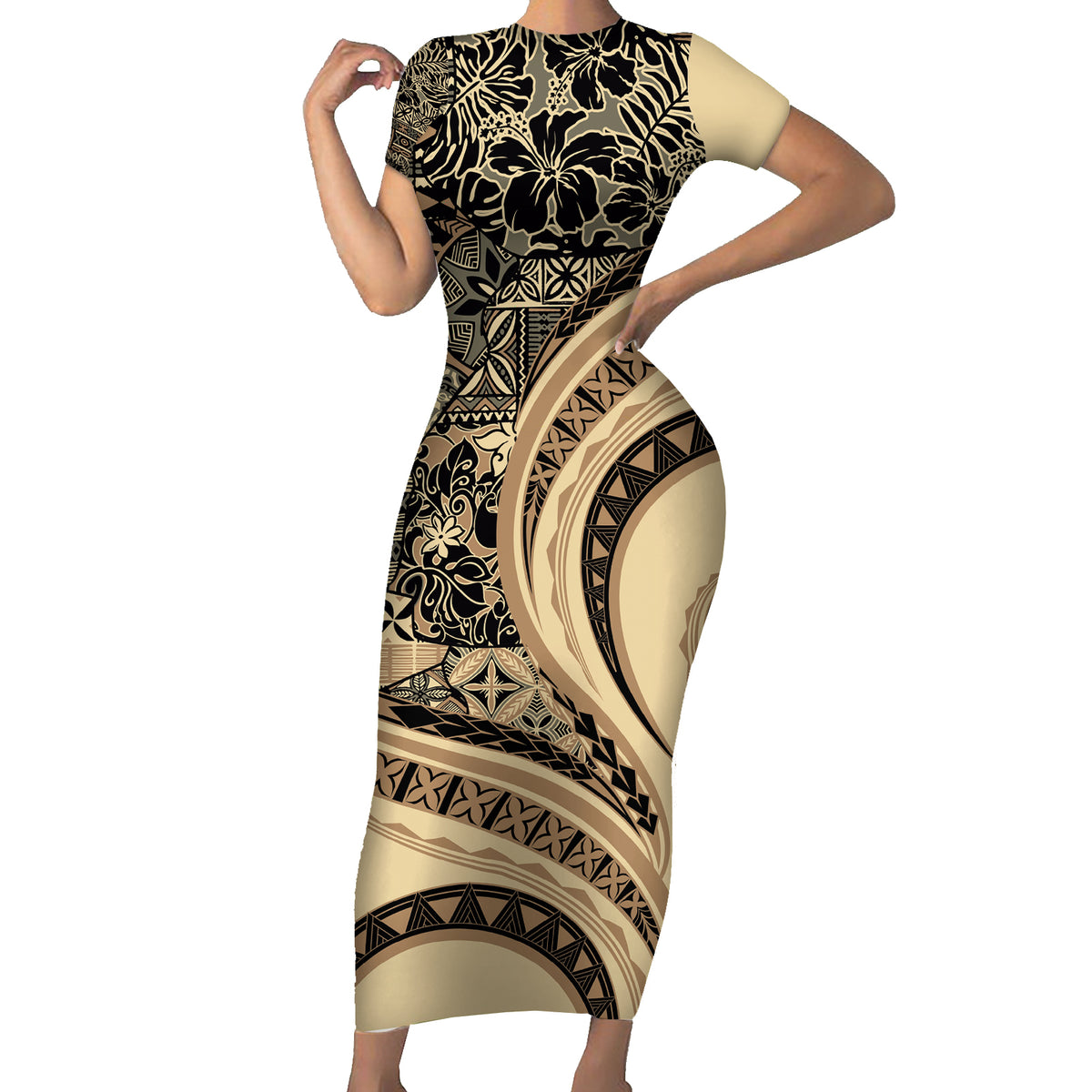 Hawaiian Hibiscus Tribal Vintage Motif Family Matching Short Sleeve Bodycon Dress and Hawaiian Shirt Ver 2 LT9 Mom's Dress Beige - Polynesian Pride