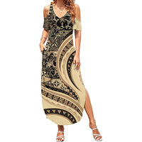 Hawaiian Hibiscus Tribal Vintage Motif Family Matching Summer Maxi Dress and Hawaiian Shirt Ver 2 LT9 Mom's Dress Beige - Polynesian Pride