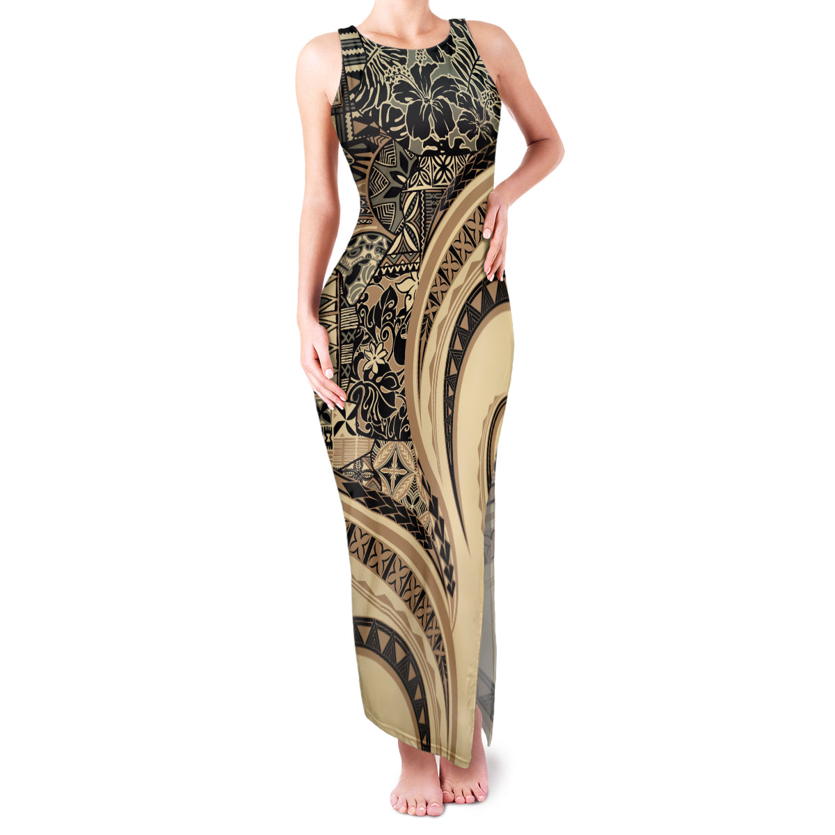 Hawaiian Hibiscus Tribal Vintage Motif Family Matching Tank Maxi Dress and Hawaiian Shirt Ver 2 LT9 Mom's Dress Beige - Polynesian Pride