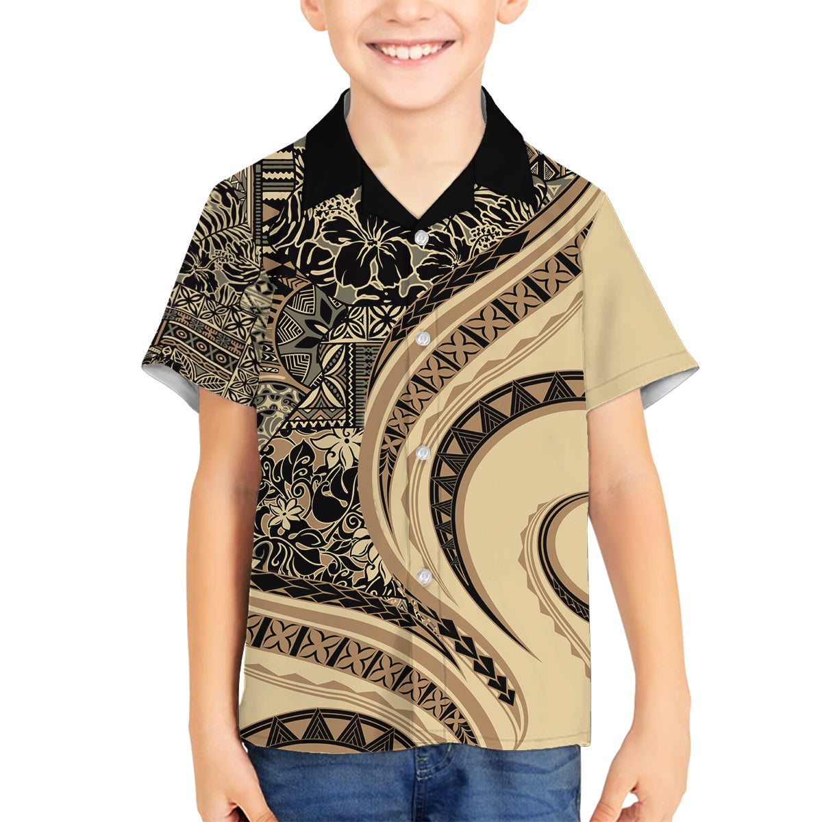 Hawaiian Hibiscus Tribal Vintage Motif Family Matching Tank Maxi Dress and Hawaiian Shirt Ver 2 LT9 Son's Shirt Beige - Polynesian Pride