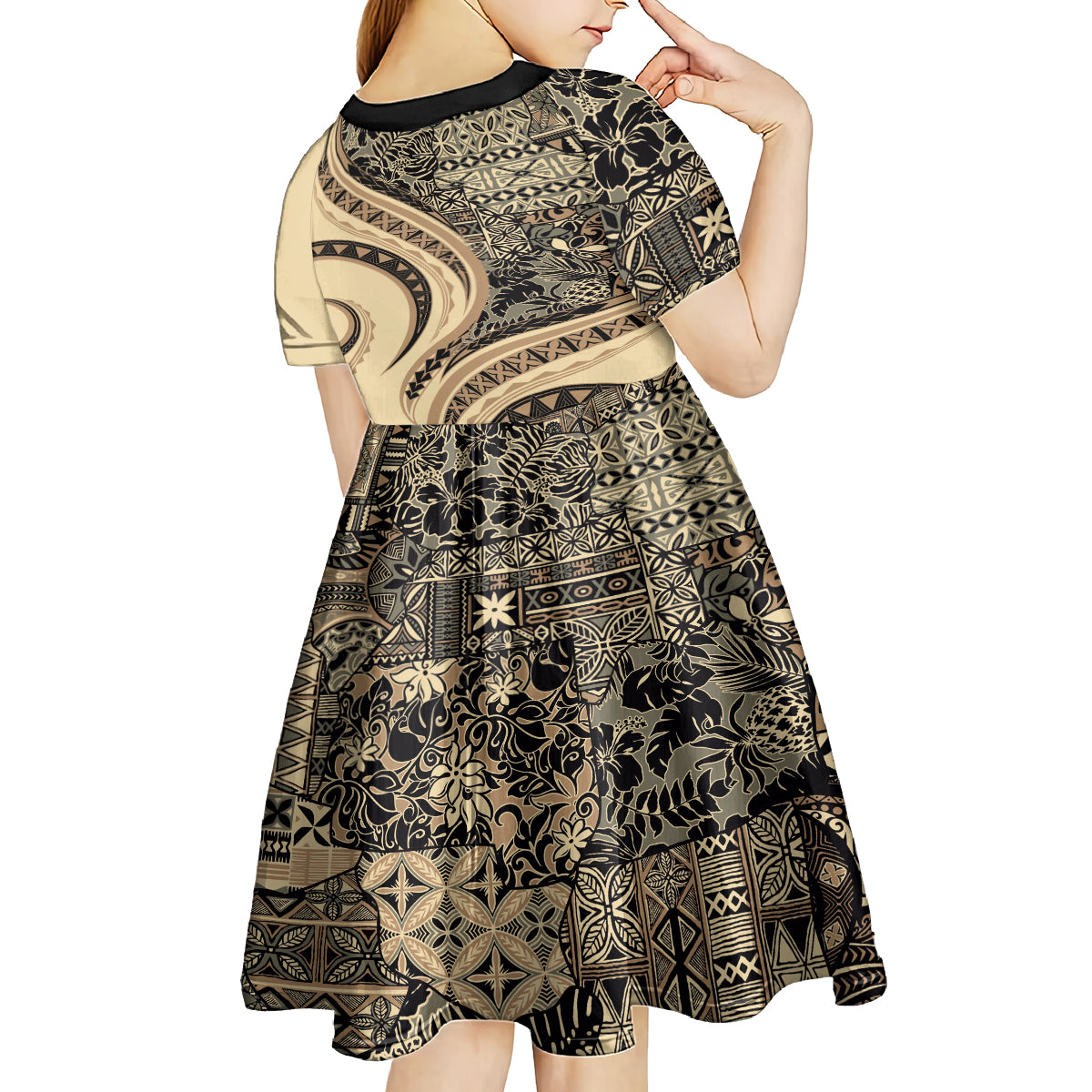 Hawaiian Hibiscus Tribal Vintage Motif Kid Short Sleeve Dress Ver 2 LT9 - Polynesian Pride