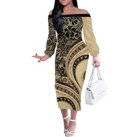 Hawaiian Hibiscus Tribal Vintage Motif Off The Shoulder Long Sleeve Dress Ver 2 LT9 Women Beige - Polynesian Pride