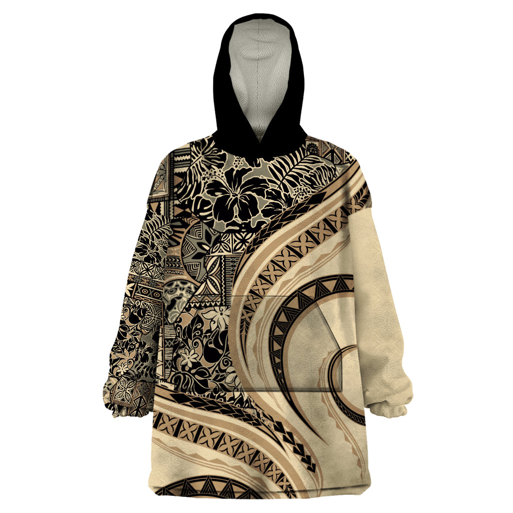 Hawaiian Hibiscus Tribal Vintage Motif Wearable Blanket Hoodie Ver 2 LT9 One Size Beige - Polynesian Pride