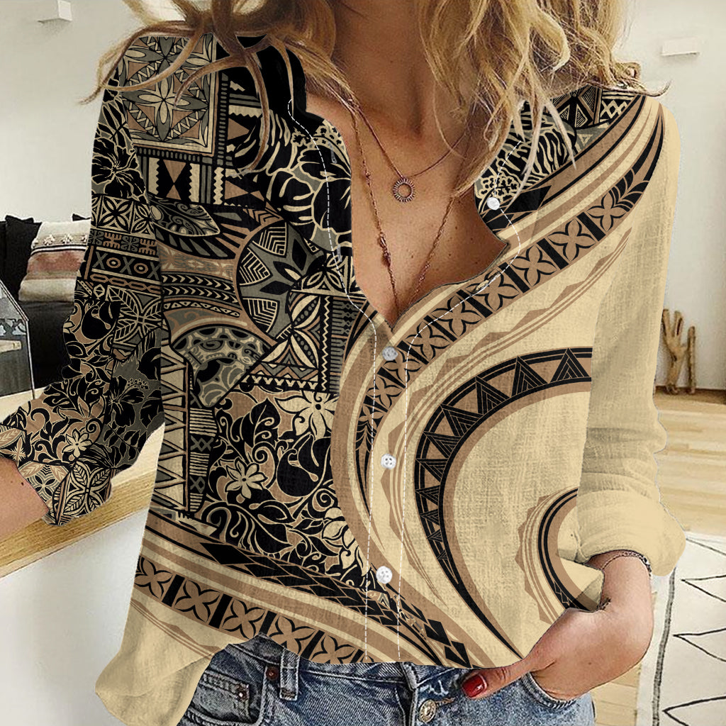 Hawaiian Hibiscus Tribal Vintage Motif Women Casual Shirt Ver 2 LT9 Female Beige - Polynesian Pride
