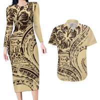 Hawaiian Hibiscus Tribal Vintage Motif Couples Matching Long Sleeve Bodycon Dress and Hawaiian Shirt Ver 3 LT9 Beige - Polynesian Pride