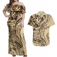 Hawaiian Hibiscus Tribal Vintage Motif Couples Matching Off Shoulder Maxi Dress and Hawaiian Shirt Ver 3 LT9 Beige - Polynesian Pride