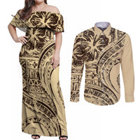 Hawaiian Hibiscus Tribal Vintage Motif Couples Matching Off Shoulder Maxi Dress and Long Sleeve Button Shirt Ver 3 LT9 Beige - Polynesian Pride