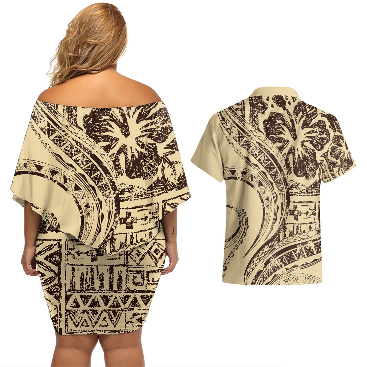 Hawaiian Hibiscus Tribal Vintage Motif Couples Matching Off Shoulder Short Dress and Hawaiian Shirt Ver 3 LT9 - Polynesian Pride