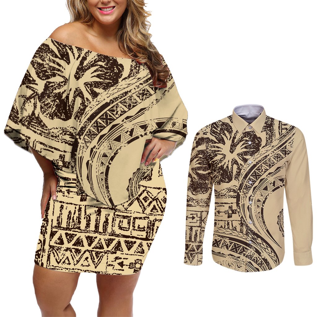Hawaiian Hibiscus Tribal Vintage Motif Couples Matching Off Shoulder Short Dress and Long Sleeve Button Shirt Ver 3 LT9 Beige - Polynesian Pride