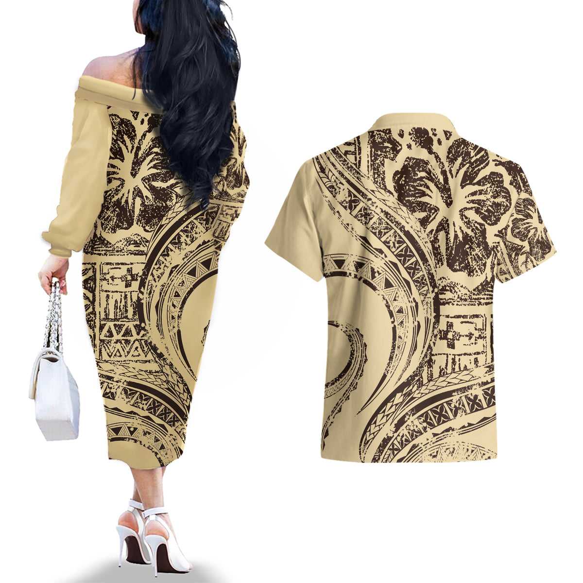 Hawaiian Hibiscus Tribal Vintage Motif Couples Matching Off The Shoulder Long Sleeve Dress and Hawaiian Shirt Ver 3 LT9 - Polynesian Pride