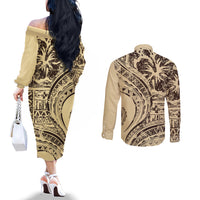 Hawaiian Hibiscus Tribal Vintage Motif Couples Matching Off The Shoulder Long Sleeve Dress and Long Sleeve Button Shirt Ver 3 LT9 - Polynesian Pride