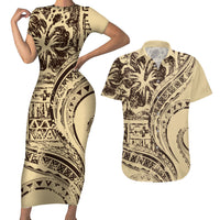 Hawaiian Hibiscus Tribal Vintage Motif Couples Matching Short Sleeve Bodycon Dress and Hawaiian Shirt Ver 3 LT9 Beige - Polynesian Pride