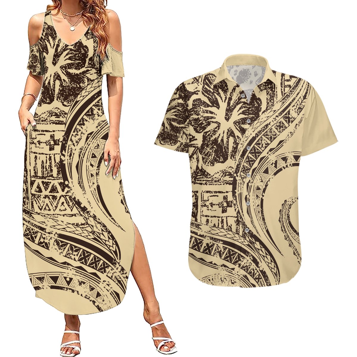 Hawaiian Hibiscus Tribal Vintage Motif Couples Matching Summer Maxi Dress and Hawaiian Shirt Ver 3 LT9 Beige - Polynesian Pride