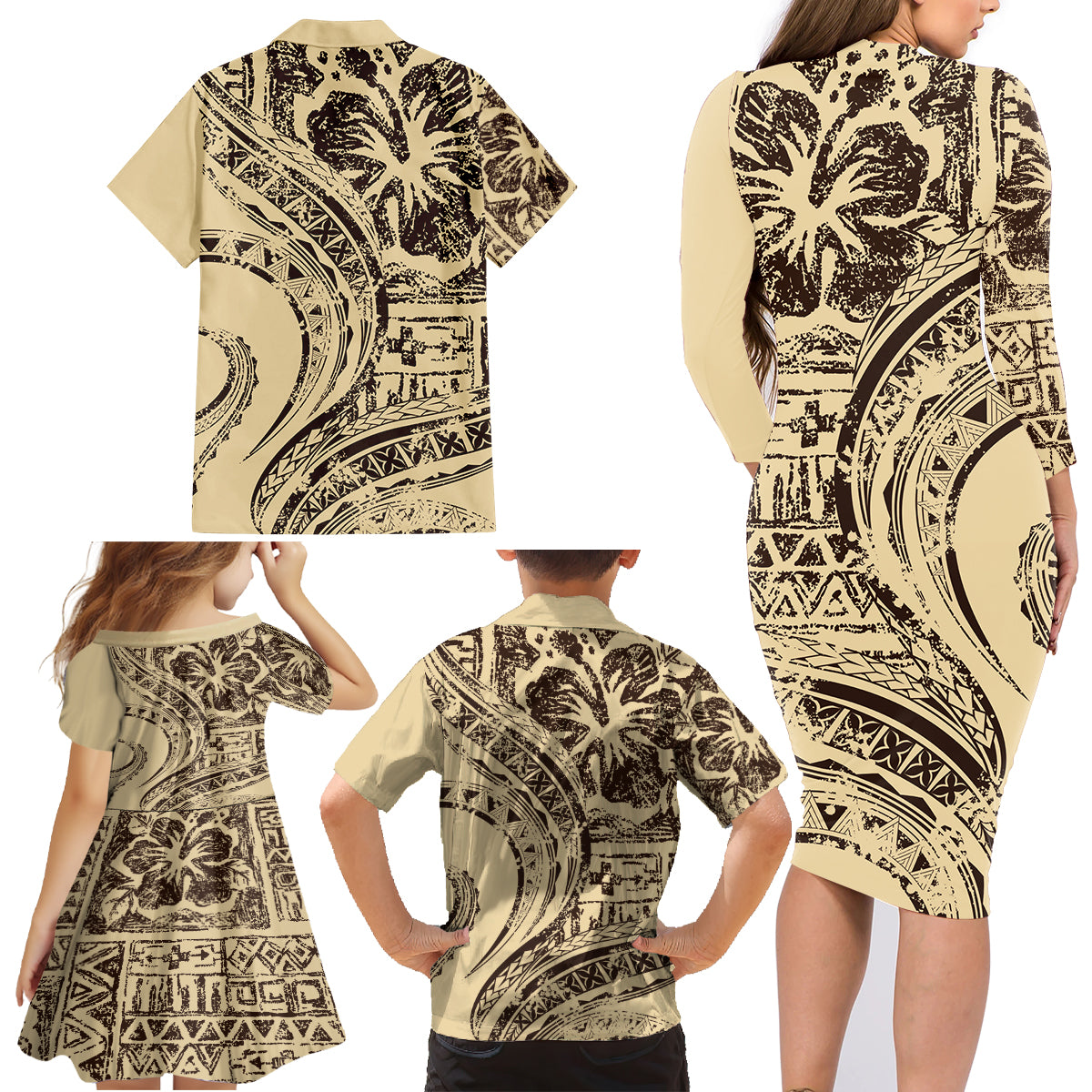 Hawaiian Hibiscus Tribal Vintage Motif Family Matching Long Sleeve Bodycon Dress and Hawaiian Shirt Ver 3 LT9 - Polynesian Pride