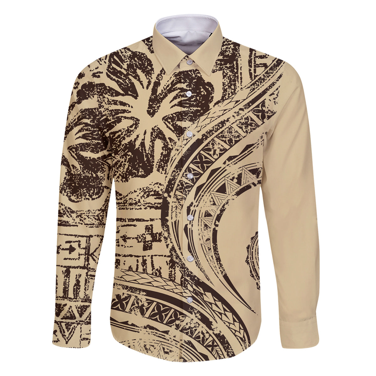 Hawaiian Hibiscus Tribal Vintage Motif Family Matching Long Sleeve Bodycon Dress and Hawaiian Shirt Ver 3 LT9 Dad's Shirt - Long Sleeve Beige - Polynesian Pride