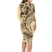 Hawaiian Hibiscus Tribal Vintage Motif Family Matching Long Sleeve Bodycon Dress and Hawaiian Shirt Ver 3 LT9 - Polynesian Pride