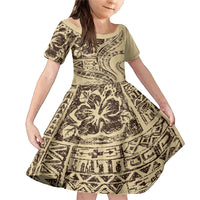 Hawaiian Hibiscus Tribal Vintage Motif Family Matching Mermaid Dress and Hawaiian Shirt Ver 3 LT9 Daughter's Dress Beige - Polynesian Pride