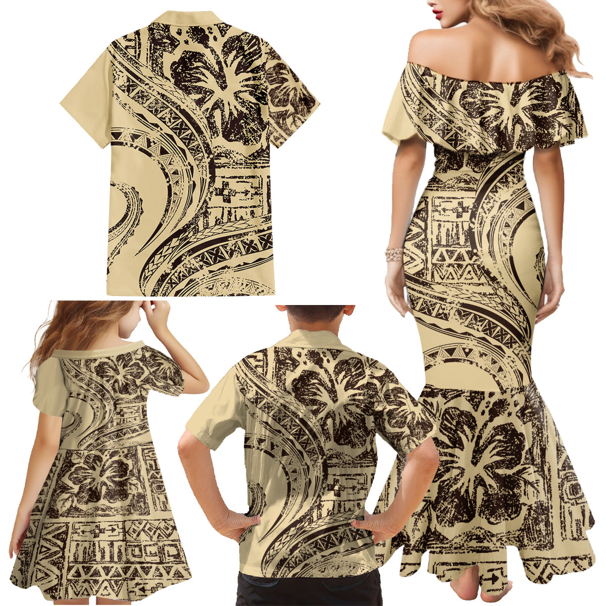 Hawaiian Hibiscus Tribal Vintage Motif Family Matching Mermaid Dress and Hawaiian Shirt Ver 3 LT9 - Polynesian Pride