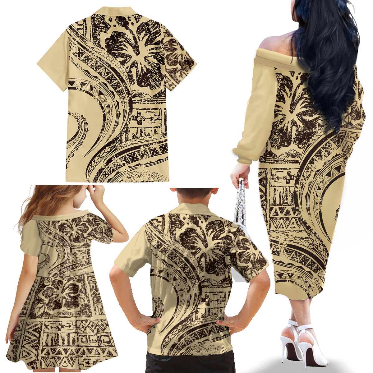 Hawaiian Hibiscus Tribal Vintage Motif Family Matching Off The Shoulder Long Sleeve Dress and Hawaiian Shirt Ver 3 LT9 - Polynesian Pride