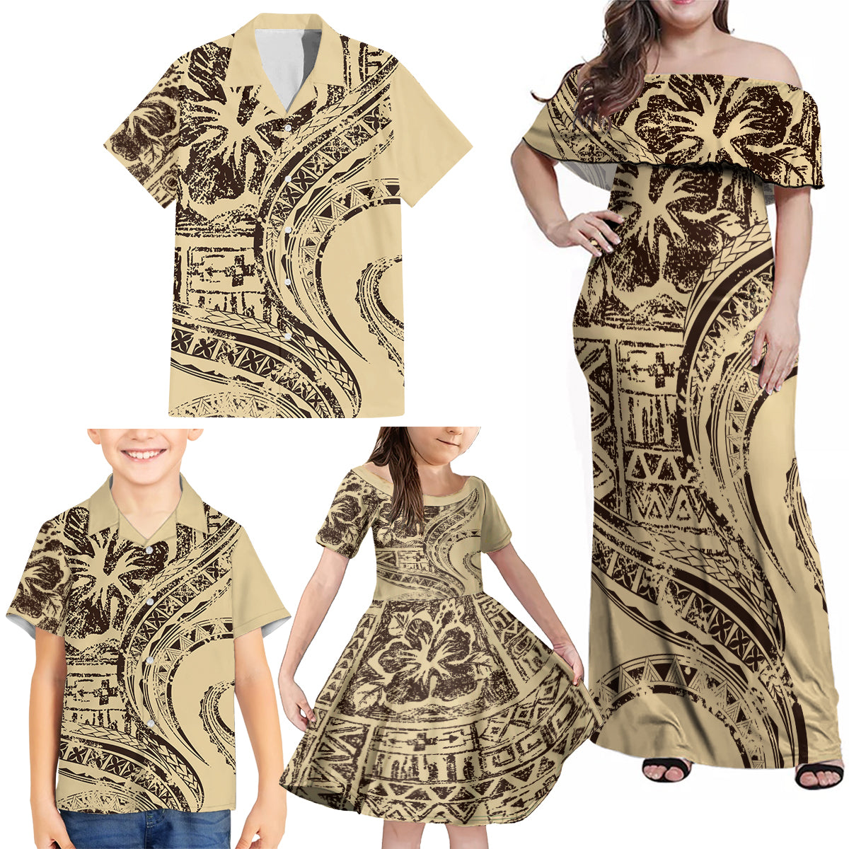 Hawaiian Hibiscus Tribal Vintage Motif Family Matching Off Shoulder Maxi Dress and Hawaiian Shirt Ver 3 LT9 - Polynesian Pride