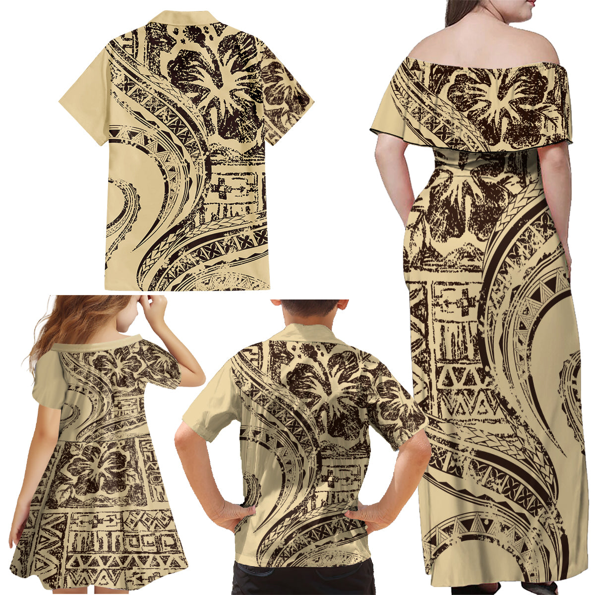 Hawaiian Hibiscus Tribal Vintage Motif Family Matching Off Shoulder Maxi Dress and Hawaiian Shirt Ver 3 LT9 - Polynesian Pride