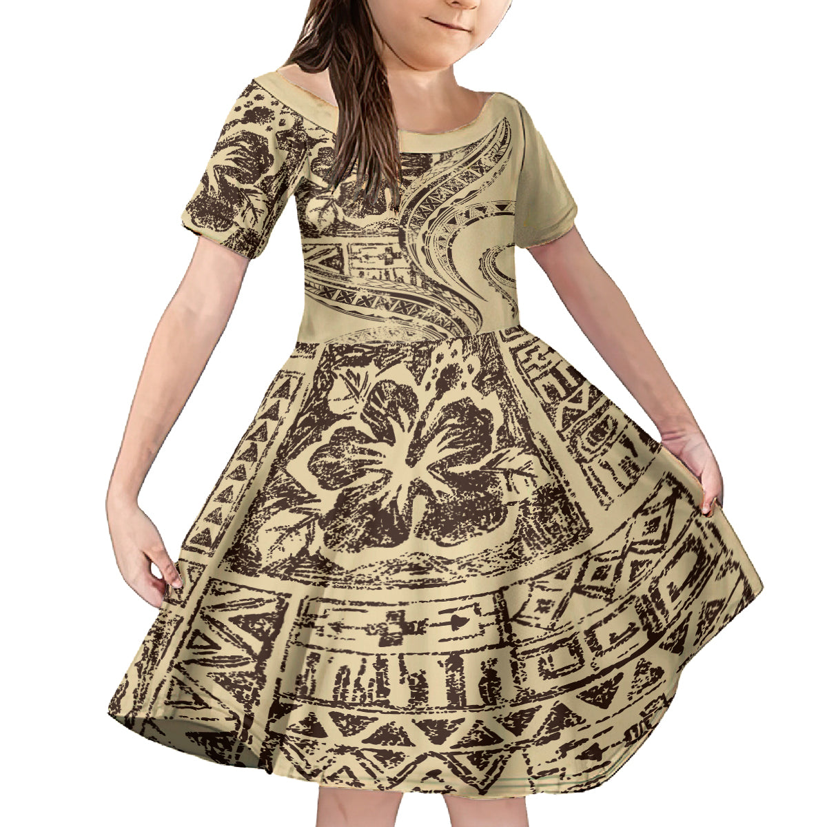 Hawaiian Hibiscus Tribal Vintage Motif Family Matching Off Shoulder Short Dress and Hawaiian Shirt Ver 3 LT9 Daughter's Dress Beige - Polynesian Pride