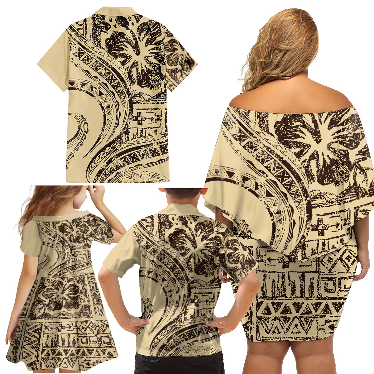 Hawaiian Hibiscus Tribal Vintage Motif Family Matching Off Shoulder Short Dress and Hawaiian Shirt Ver 3 LT9 - Polynesian Pride