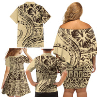 Hawaiian Hibiscus Tribal Vintage Motif Family Matching Off Shoulder Short Dress and Hawaiian Shirt Ver 3 LT9 - Polynesian Pride