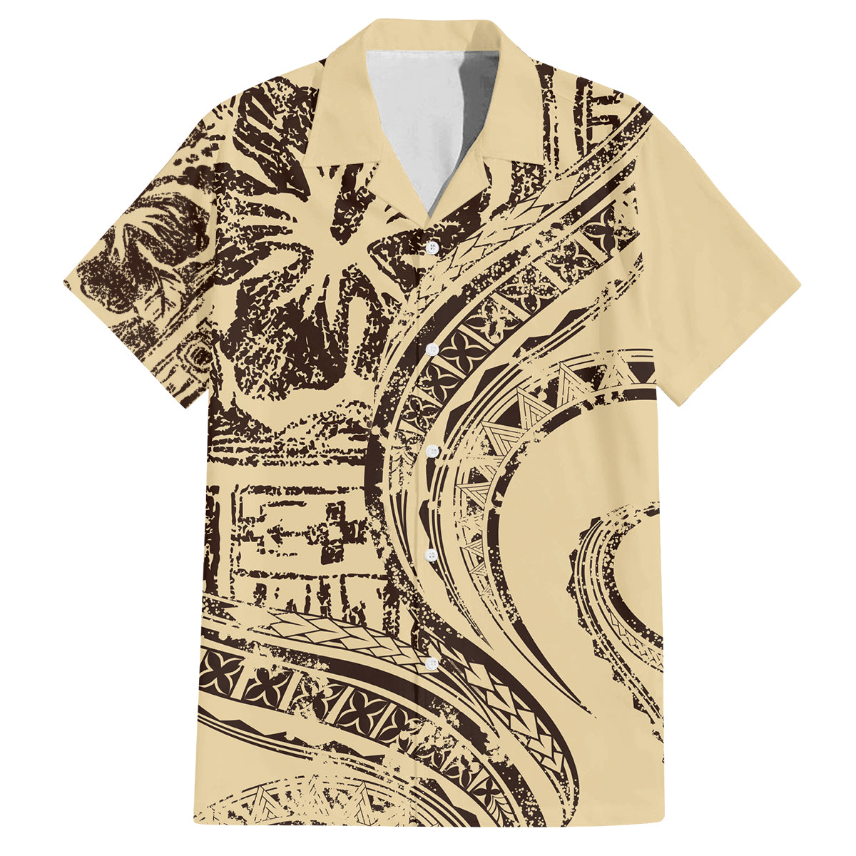 Hawaiian Hibiscus Tribal Vintage Motif Family Matching Puletasi and Hawaiian Shirt Ver 3 LT9 Dad's Shirt - Short Sleeve Beige - Polynesian Pride