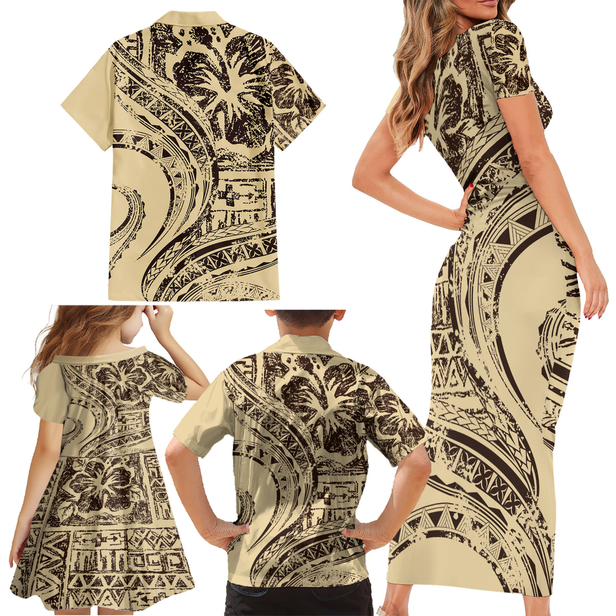 Hawaiian Hibiscus Tribal Vintage Motif Family Matching Short Sleeve Bodycon Dress and Hawaiian Shirt Ver 3 LT9 - Polynesian Pride