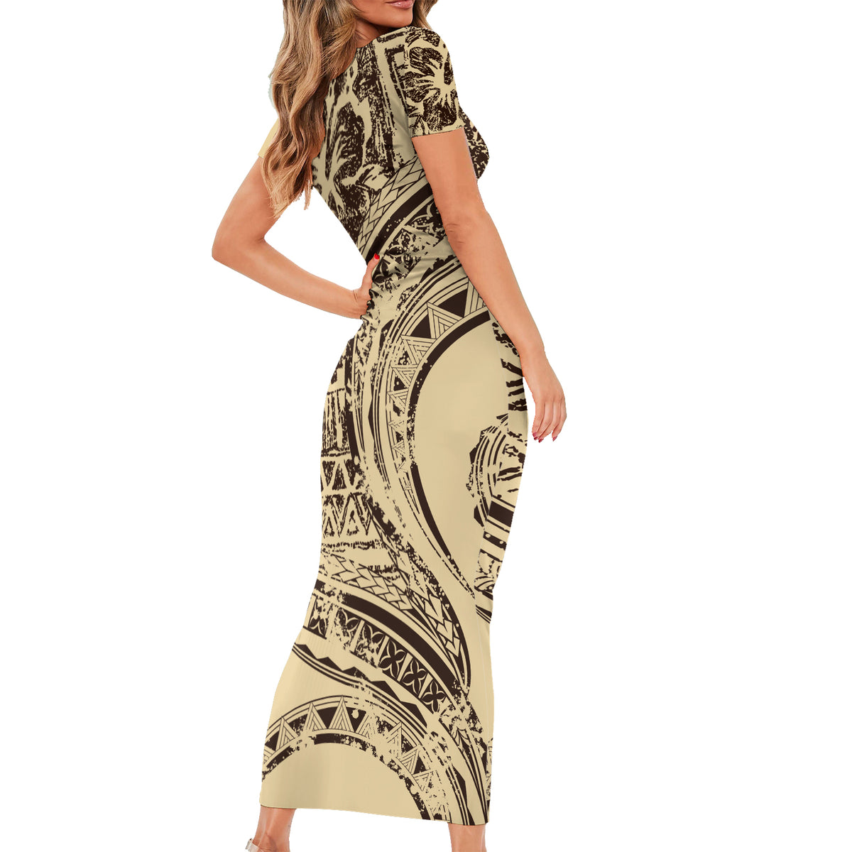 Hawaiian Hibiscus Tribal Vintage Motif Family Matching Short Sleeve Bodycon Dress and Hawaiian Shirt Ver 3 LT9 - Polynesian Pride