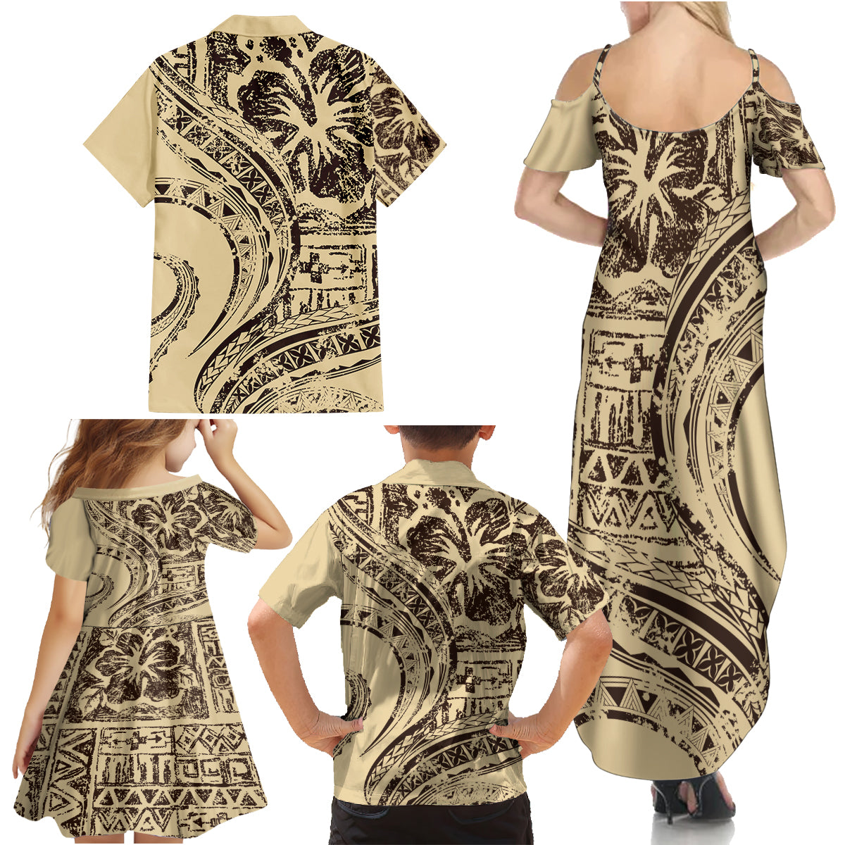 Hawaiian Hibiscus Tribal Vintage Motif Family Matching Summer Maxi Dress and Hawaiian Shirt Ver 3 LT9 - Polynesian Pride
