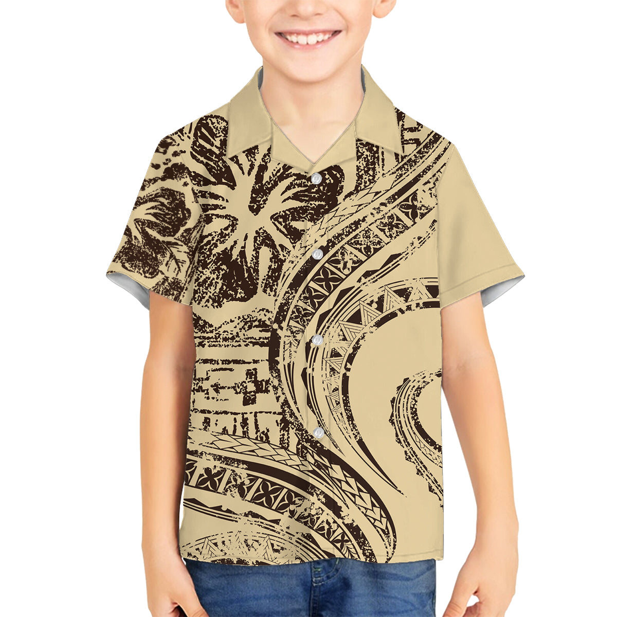 Hawaiian Hibiscus Tribal Vintage Motif Family Matching Summer Maxi Dress and Hawaiian Shirt Ver 3 LT9 Son's Shirt Beige - Polynesian Pride