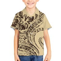 Hawaiian Hibiscus Tribal Vintage Motif Family Matching Summer Maxi Dress and Hawaiian Shirt Ver 3 LT9 Son's Shirt Beige - Polynesian Pride