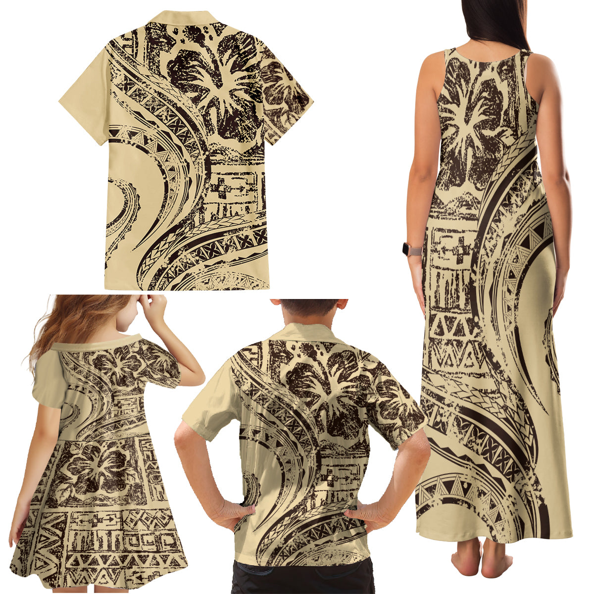 Hawaiian Hibiscus Tribal Vintage Motif Family Matching Tank Maxi Dress and Hawaiian Shirt Ver 3 LT9 - Polynesian Pride