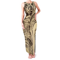 Hawaiian Hibiscus Tribal Vintage Motif Family Matching Tank Maxi Dress and Hawaiian Shirt Ver 3 LT9 Mom's Dress Beige - Polynesian Pride