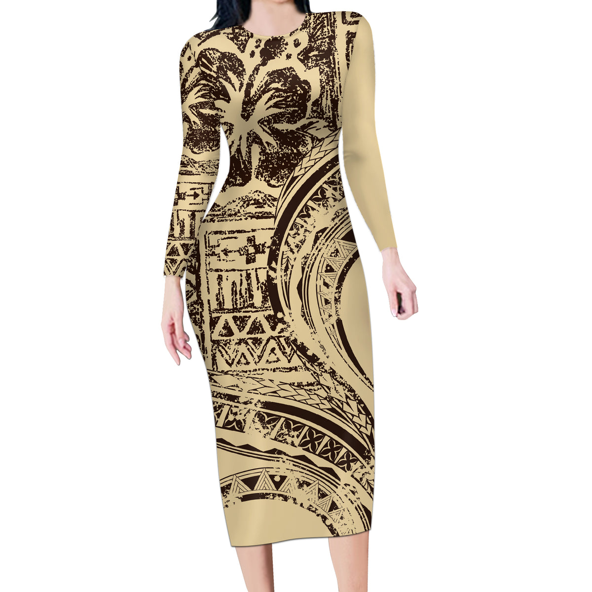 Hawaiian Hibiscus Tribal Vintage Motif Long Sleeve Bodycon Dress Ver 3 LT9 Long Dress Beige - Polynesian Pride