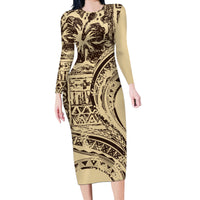 Hawaiian Hibiscus Tribal Vintage Motif Long Sleeve Bodycon Dress Ver 3 LT9 Long Dress Beige - Polynesian Pride