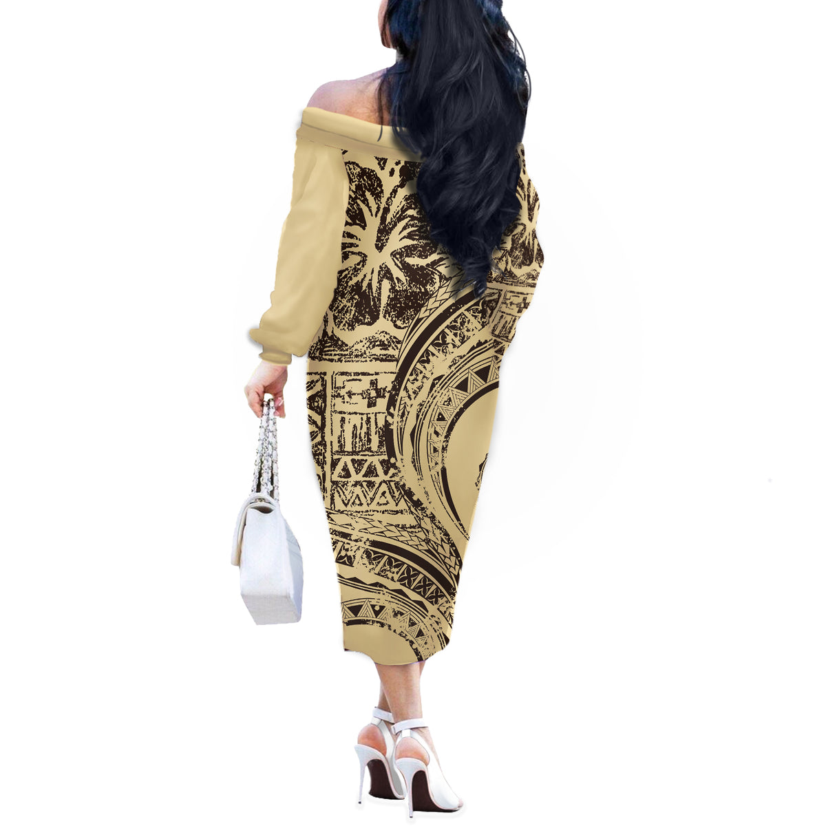 Hawaiian Hibiscus Tribal Vintage Motif Off The Shoulder Long Sleeve Dress Ver 3 LT9 - Polynesian Pride