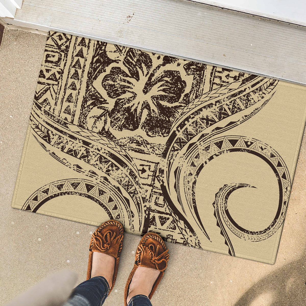 Hawaiian Hibiscus Tribal Vintage Motif Rubber Doormat Ver 3