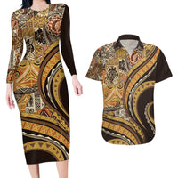 Hawaiian Hibiscus Tribal Vintage Motif Couples Matching Long Sleeve Bodycon Dress and Hawaiian Shirt Ver 4 LT9 Gold - Polynesian Pride