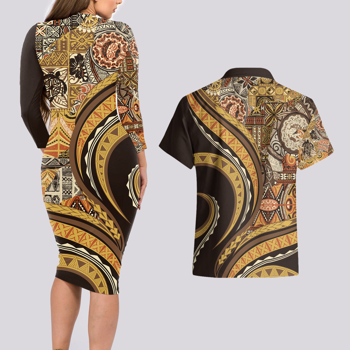 Hawaiian Hibiscus Tribal Vintage Motif Couples Matching Long Sleeve Bodycon Dress and Hawaiian Shirt Ver 4 LT9 - Polynesian Pride