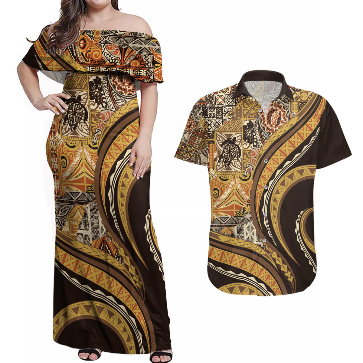 Hawaiian Hibiscus Tribal Vintage Motif Couples Matching Off Shoulder Maxi Dress and Hawaiian Shirt Ver 4 LT9 Gold - Polynesian Pride