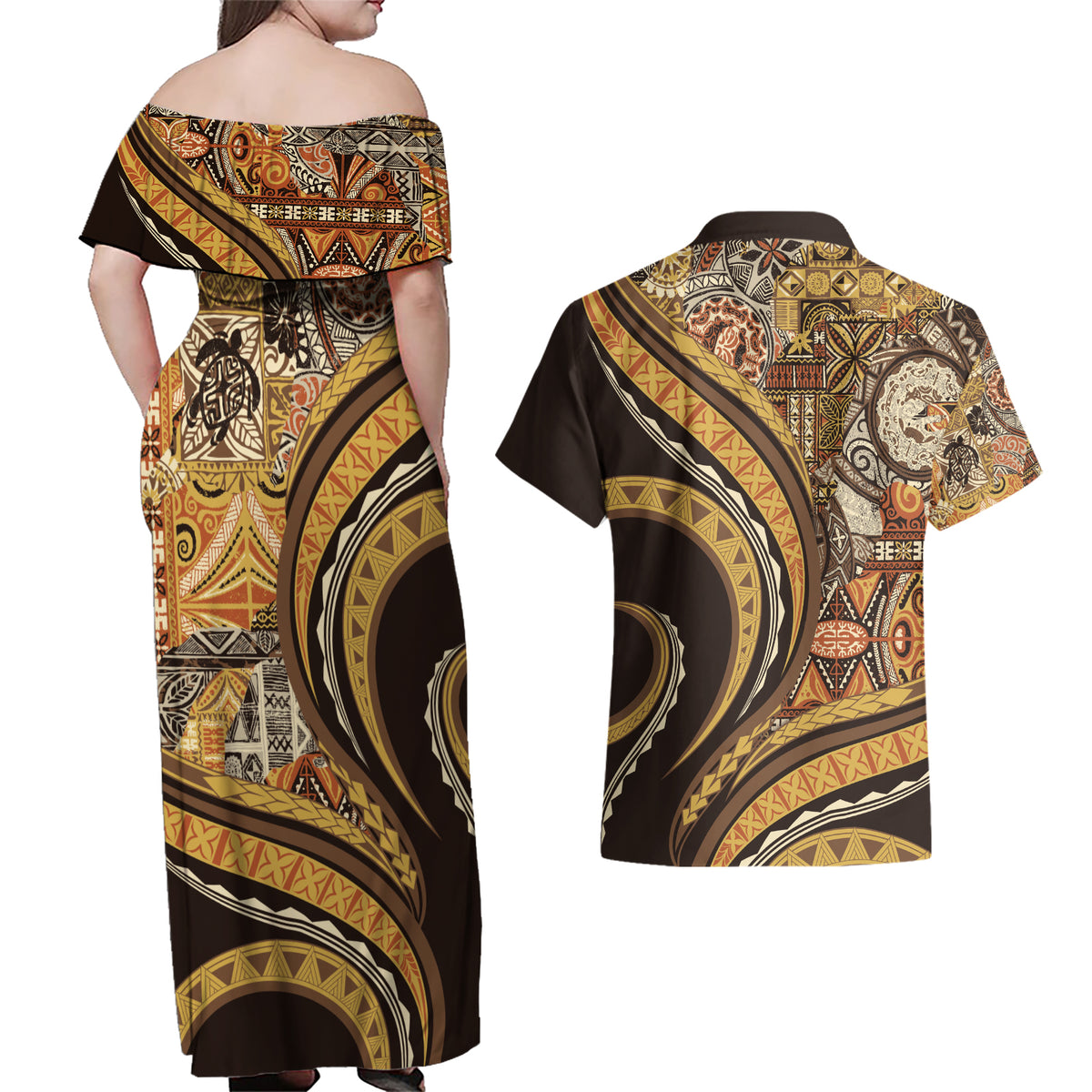 Hawaiian Hibiscus Tribal Vintage Motif Couples Matching Off Shoulder Maxi Dress and Hawaiian Shirt Ver 4 LT9 - Polynesian Pride