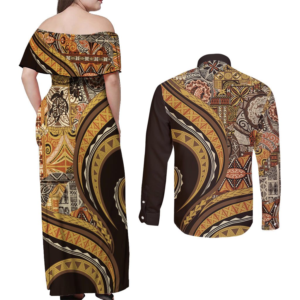Hawaiian Hibiscus Tribal Vintage Motif Couples Matching Off Shoulder Maxi Dress and Long Sleeve Button Shirt Ver 4 LT9 - Polynesian Pride