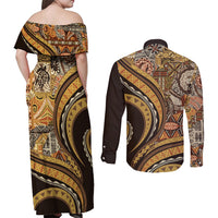 Hawaiian Hibiscus Tribal Vintage Motif Couples Matching Off Shoulder Maxi Dress and Long Sleeve Button Shirt Ver 4 LT9 - Polynesian Pride
