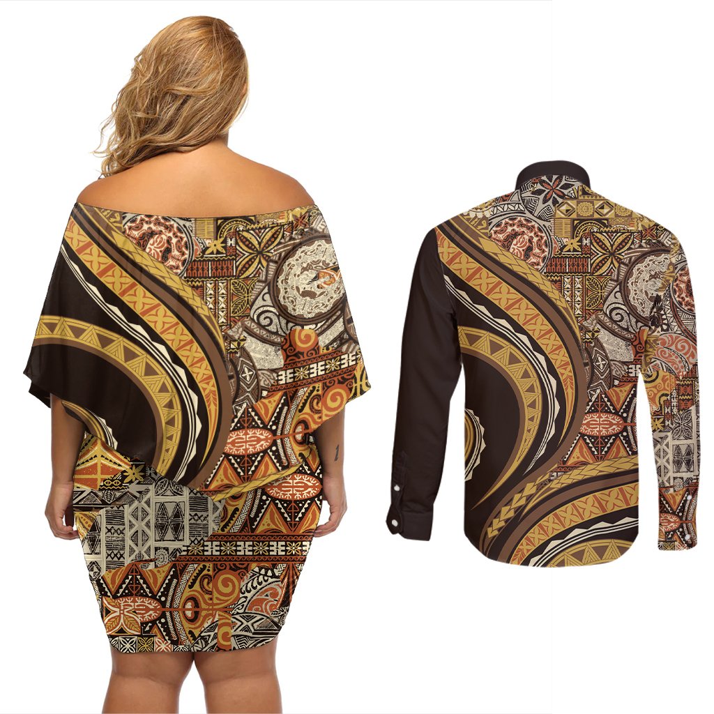 Hawaiian Hibiscus Tribal Vintage Motif Couples Matching Off Shoulder Short Dress and Long Sleeve Button Shirt Ver 4 LT9 - Polynesian Pride