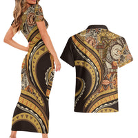 Hawaiian Hibiscus Tribal Vintage Motif Couples Matching Short Sleeve Bodycon Dress and Hawaiian Shirt Ver 4 LT9 - Polynesian Pride